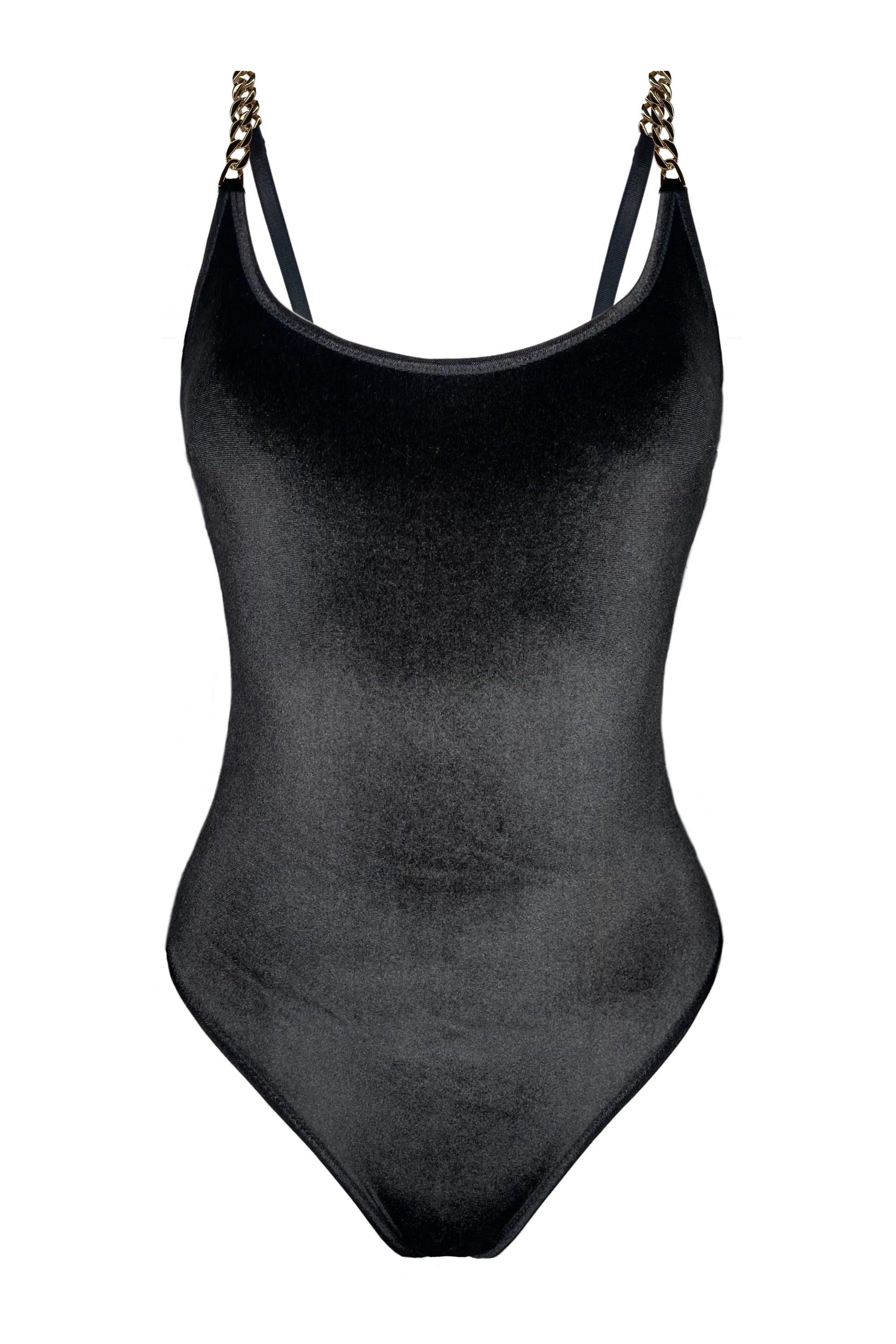 Velvetta black bodysuit with chains